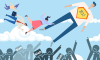 Mature freelancer flying in the sky