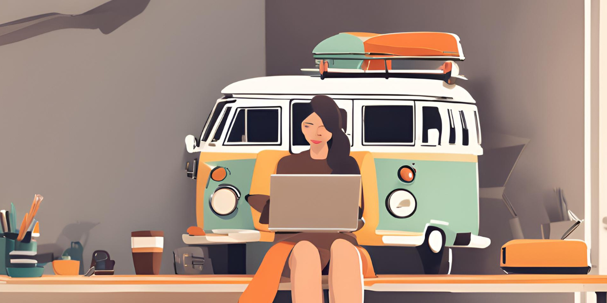 woman sitting on a desk with a large campervan behind her